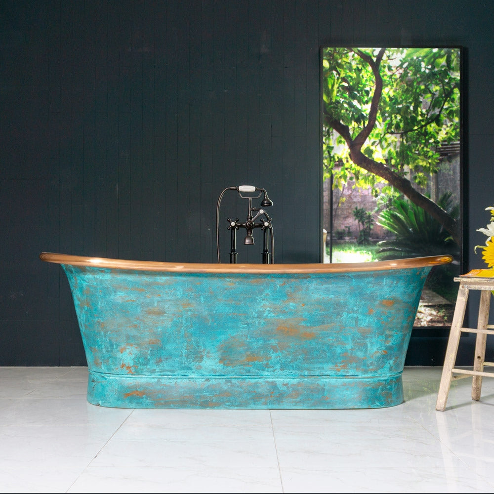 “Cognac59VG Air Jetted” 59" Freestanding French Bateau Pure Copper Bathtub with Aged Verdigris Exterior
