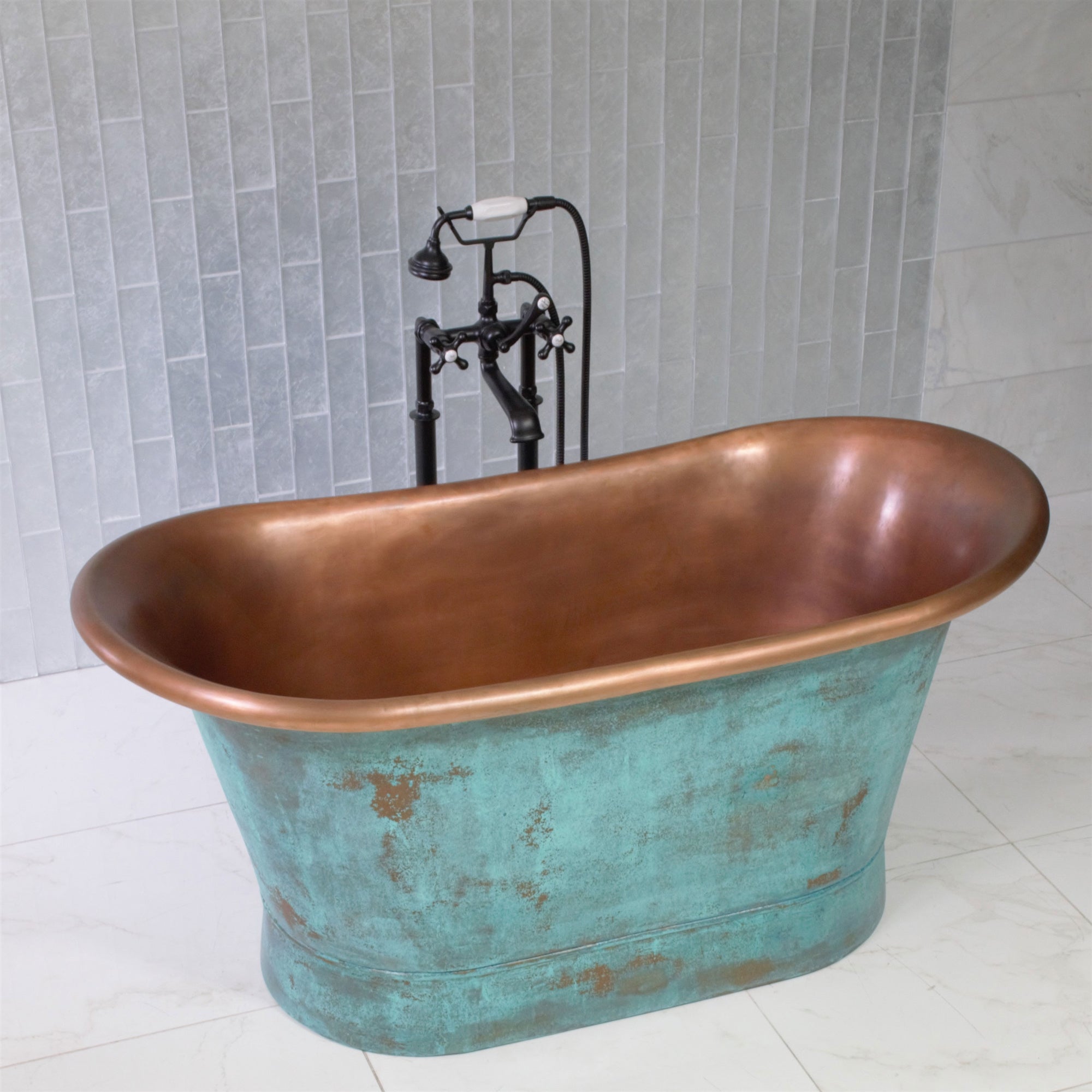 “Cognac59VG Air Jetted” 59" Freestanding French Bateau Pure Copper Bathtub with Aged Verdigris Exterior