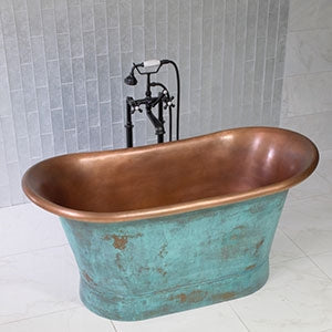 “Cognac59VG Soaking Tub” 59" Freestanding French Bateau Pure Copper Bathtub with Aged Verdigris Exterior