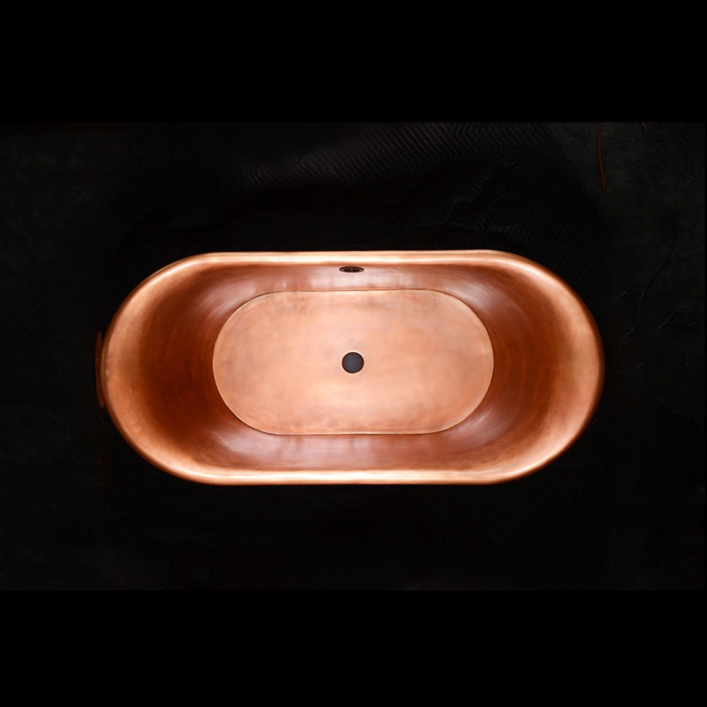 “Cognac59VG Soaking Tub” 59" Freestanding French Bateau Pure Copper Bathtub with Aged Verdigris Exterior
