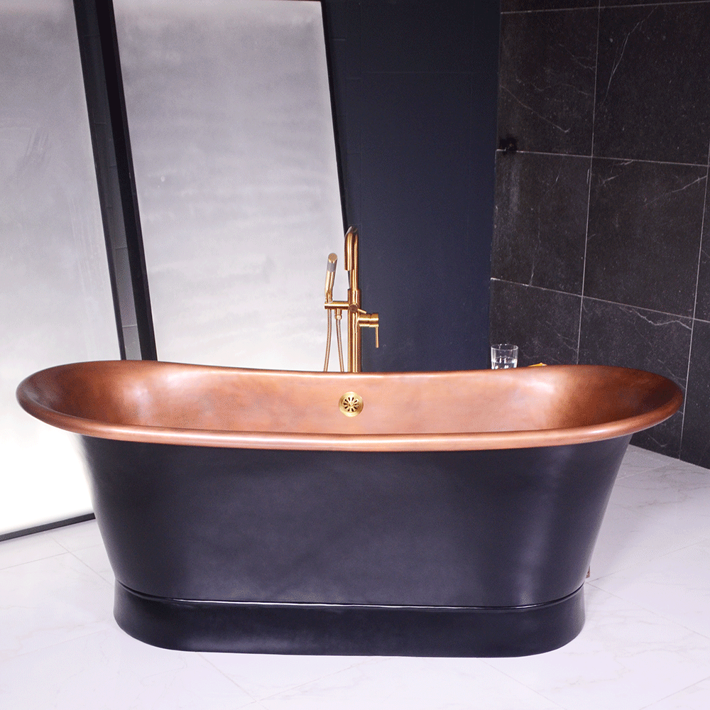 “Cognac59BK Soaking Tub” 59" Freestanding French Bateau Pure Copper Bathtub with Eggshell Black Exterior