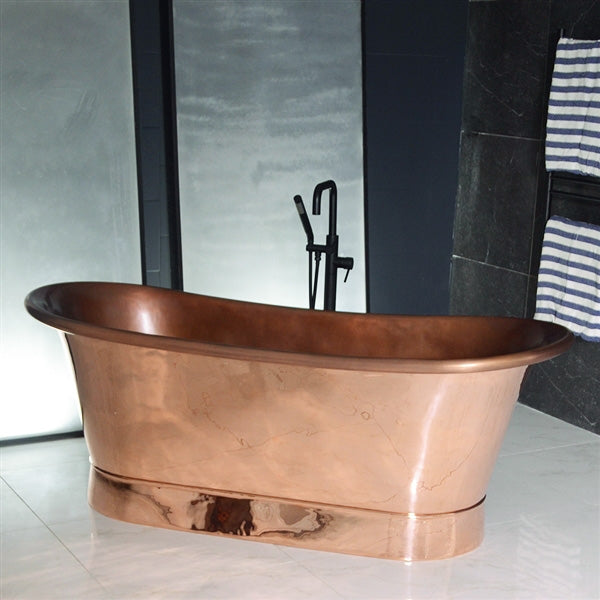 “Cognac59PC Air Jetted” 59" Freestanding French Bateau Pure Copper Bathtub with Mirror Polished Exterior