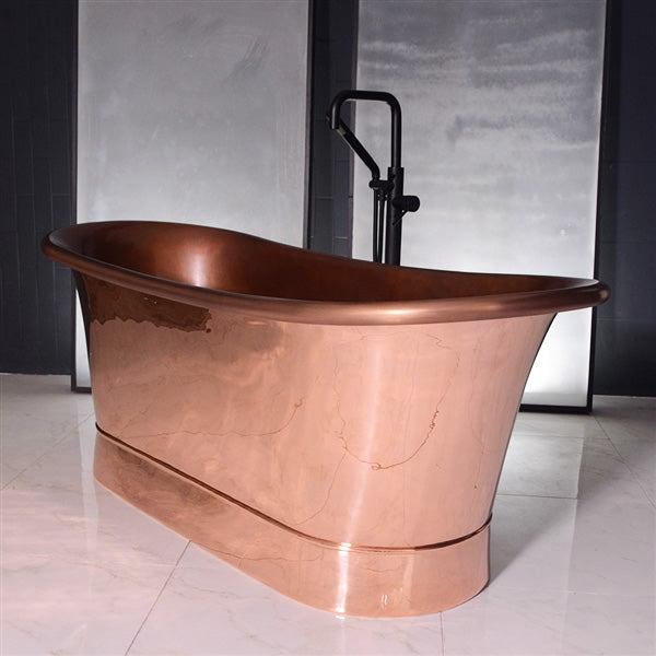 “Cognac59PC Air Jetted” 59" Freestanding French Bateau Pure Copper Bathtub with Mirror Polished Exterior
