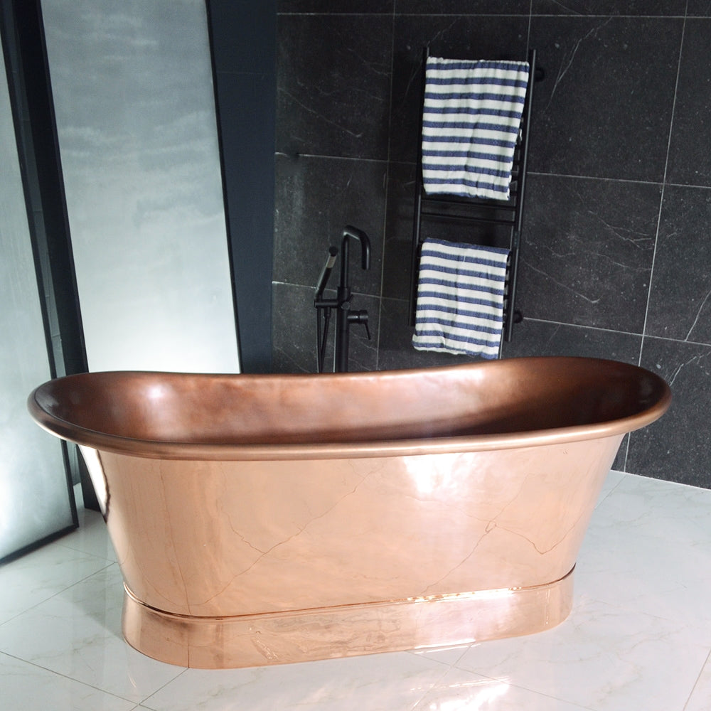 “Cognac59PC Soaking Tub” 59" Freestanding French Bateau Pure Copper Bathtub with Mirror Polished Exterior