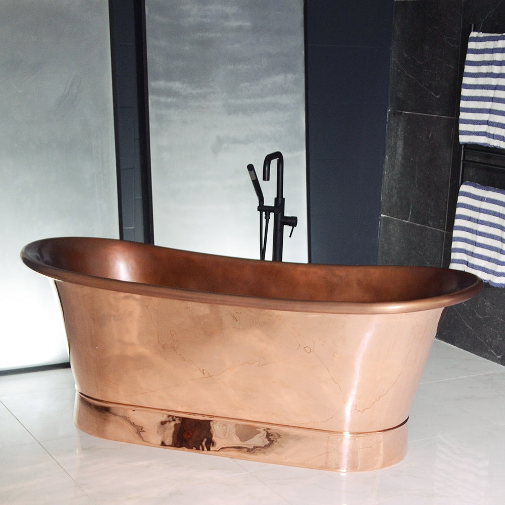 “Cognac59PC Soaking Tub” 59" Freestanding French Bateau Pure Copper Bathtub with Mirror Polished Exterior