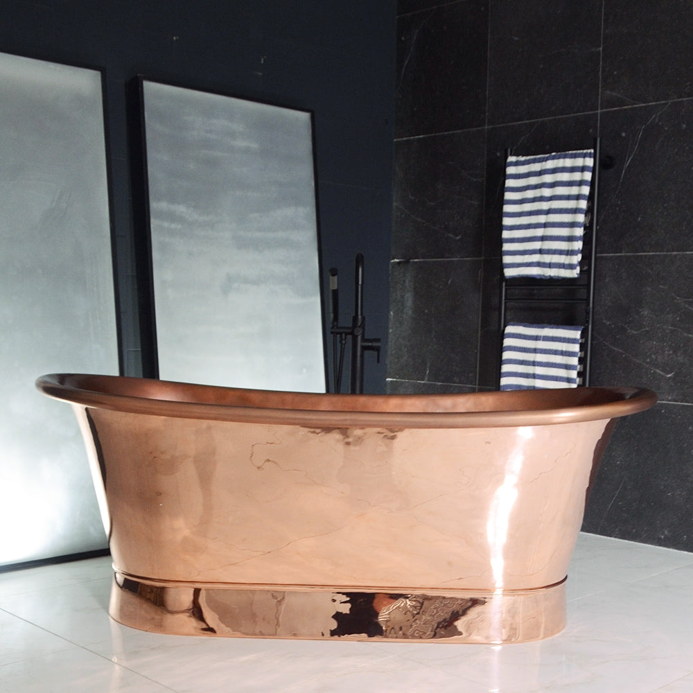 “Cognac59PC Soaking Tub” 59" Freestanding French Bateau Pure Copper Bathtub with Mirror Polished Exterior