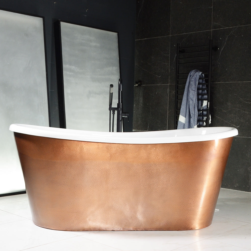 “Toulon59HAAir” 59" x 32.5" Self-Sanitizing Air Jetted French Bateau Tub Hammered Light Aged Solid Copper Exterior