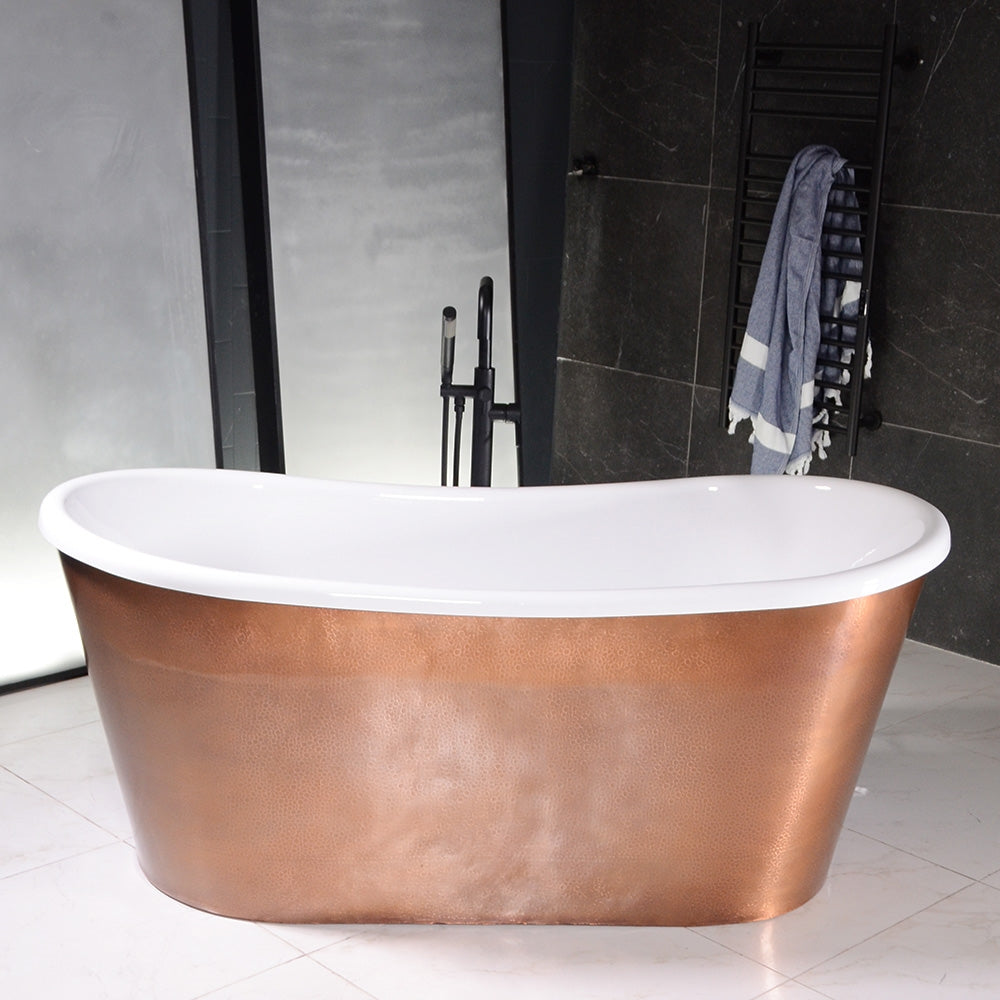 “Toulon59HAAir” 59" x 32.5" Self-Sanitizing Air Jetted French Bateau Tub Hammered Light Aged Solid Copper Exterior