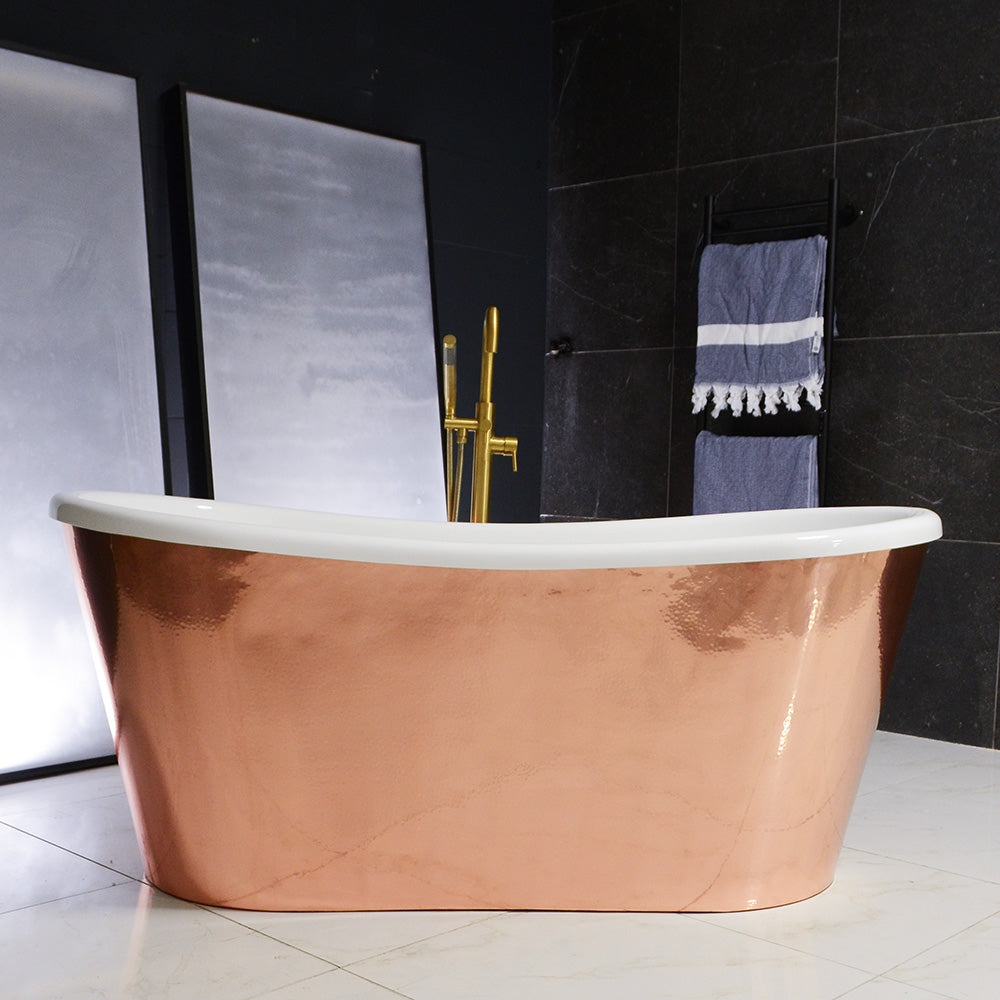 “Toulon59HPCAir” 59" x 32.5" Self-Sanitizing Air Jetted French Bateau Tub Hammered Polished Solid Copper Exterior