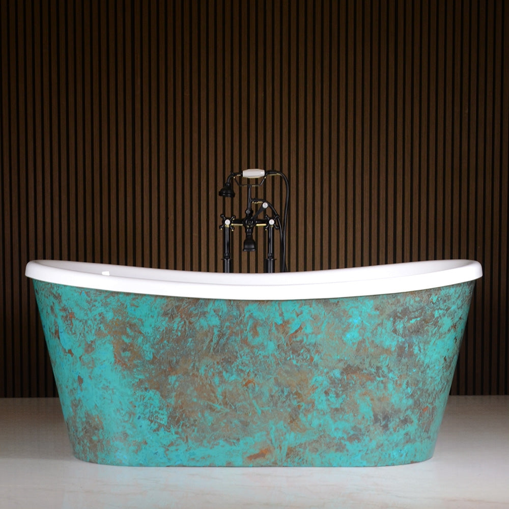 “Toulon59VG Air Jetted” 59" x 32.5" Verdigris Aged Solid Copper Exterior French Bateau Freestanding Tub with Thick CoreAcryl Acrylic Interior