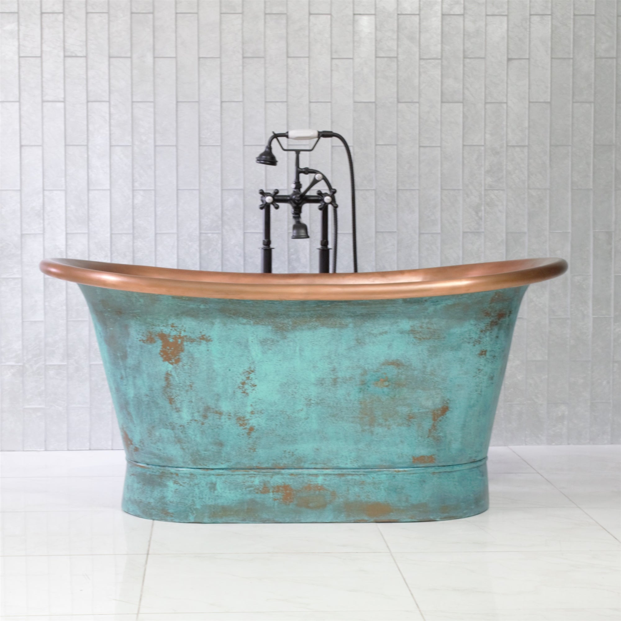 “Cognac67VG Air Jetted” 67" Freestanding French Bateau Pure Copper Bathtub with Aged Verdigris Exterior