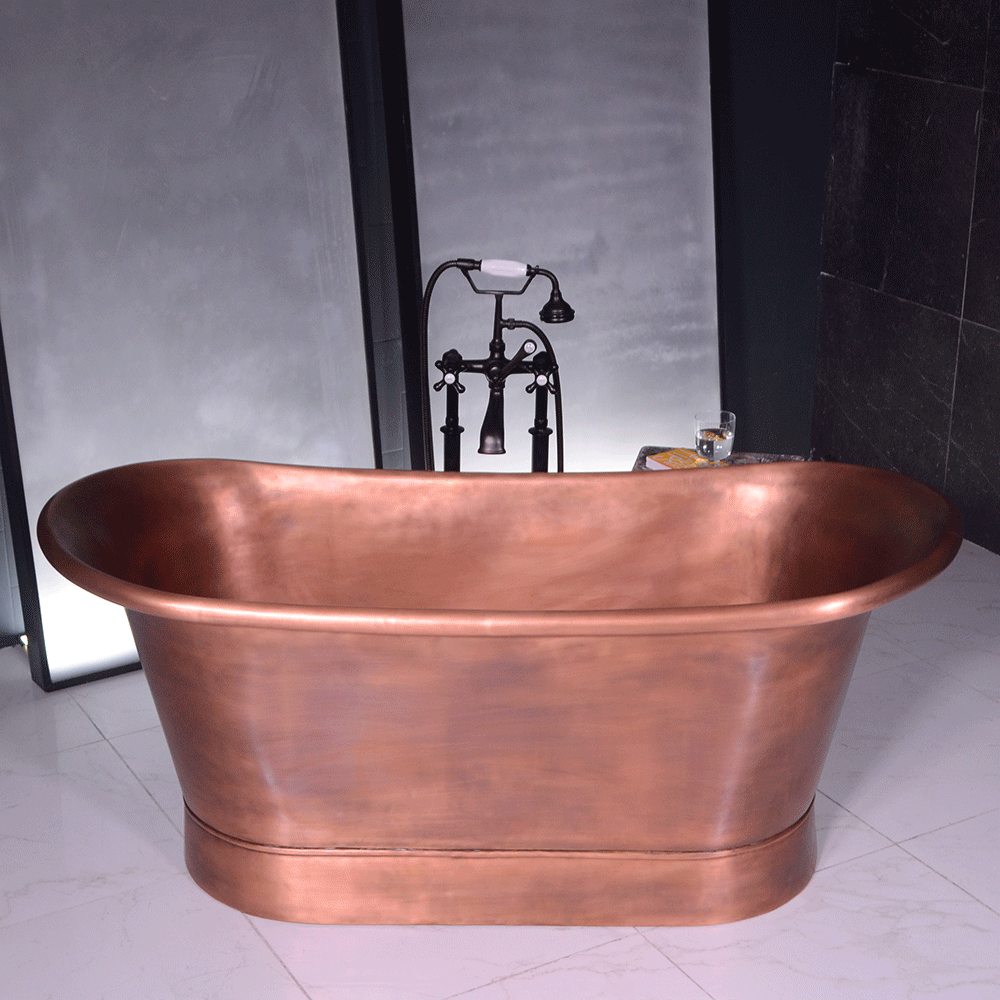 “Cognac67LA Air Jetted” 67" Freestanding French Bateau Pure Copper Bathtub with Light Aged Exterior