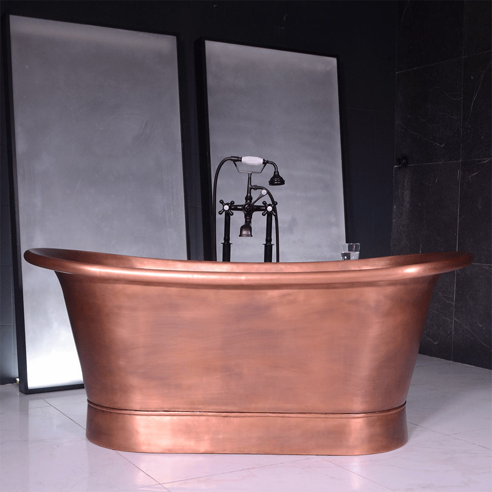 “Cognac67LA Soaking Tub” 67" Freestanding French Bateau Pure Copper Bathtub with Light Aged Exterior