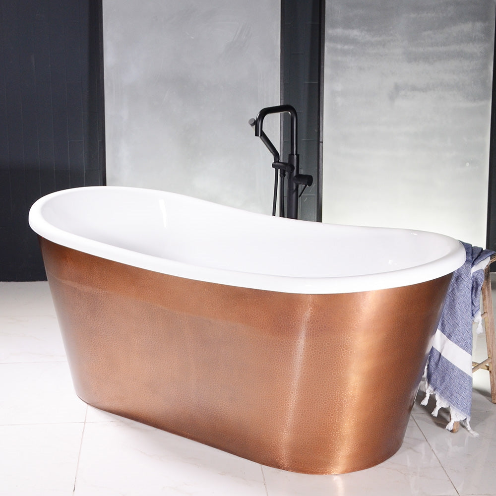 “Toulon67HAAir” 67" x 32.5" Self-Sanitizing Air Jetted French Bateau Tub Hammered Light Aged Solid Copper Exterior