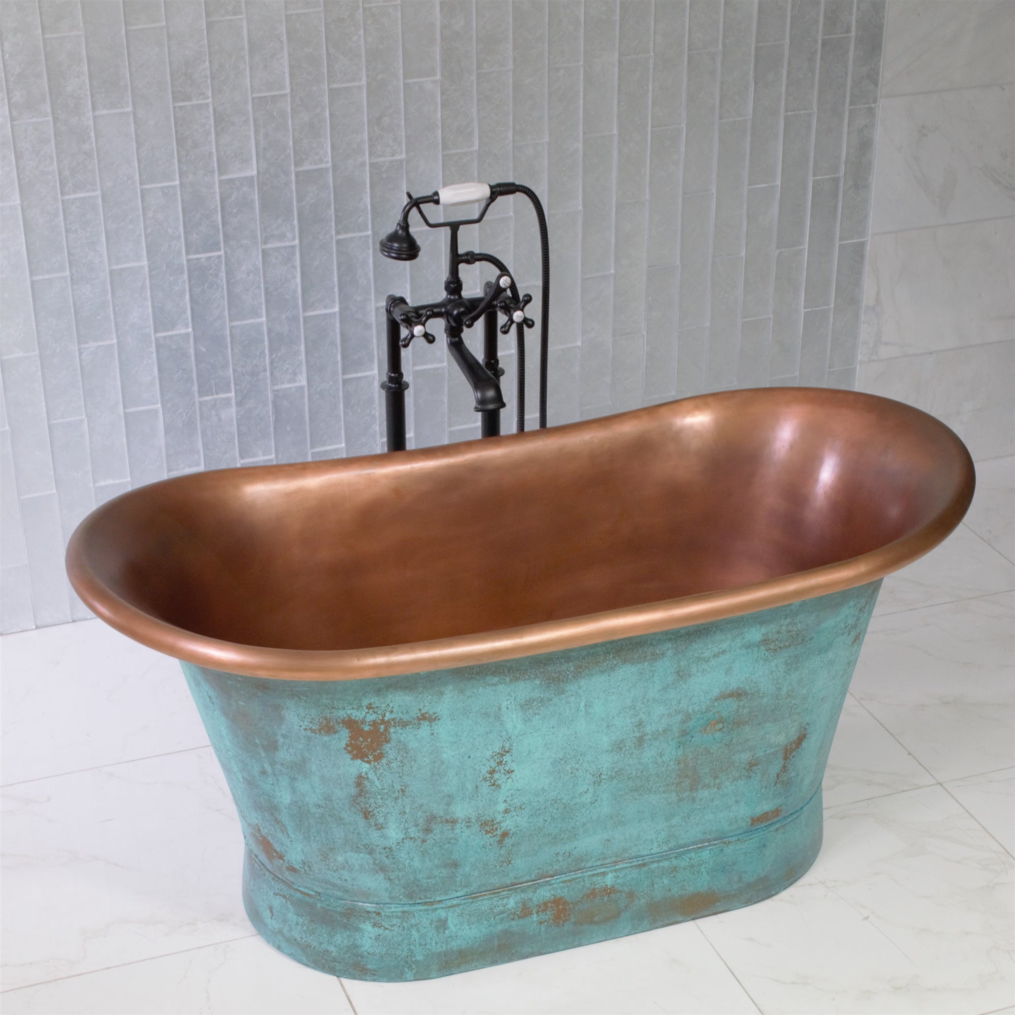 “Cognac73VG Air Jetted” 73" Freestanding French Bateau Pure Copper Bathtub with Aged Verdigris Exterior
