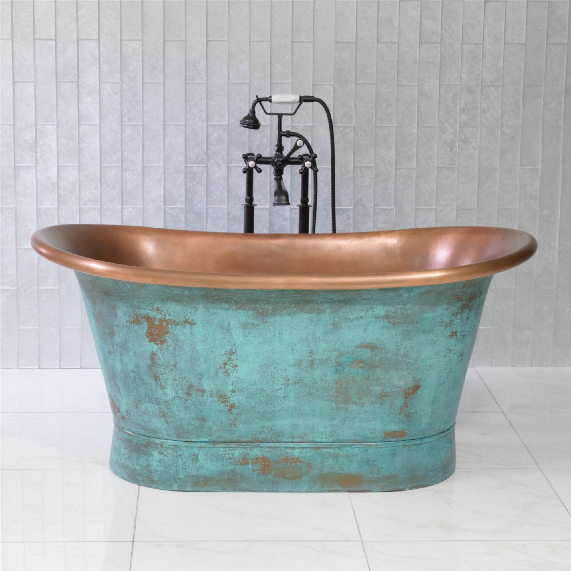 “Cognac73VG Air Jetted” 73" Freestanding French Bateau Pure Copper Bathtub with Aged Verdigris Exterior