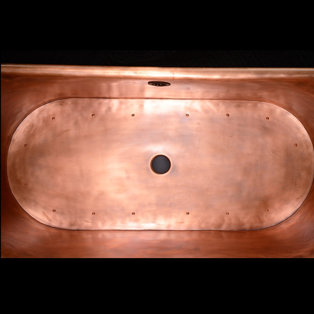 “Cognac73VG Air Jetted” 73" Freestanding French Bateau Pure Copper Bathtub with Aged Verdigris Exterior