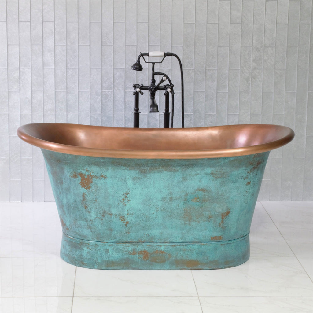 “Cognac73VG Soaking Tub” 73" Freestanding French Bateau Pure Copper Bathtub with Aged Verdigris Exterior