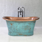 “Cognac73VG Soaking Tub” 73" Freestanding French Bateau Pure Copper Bathtub with Aged Verdigris Exterior
