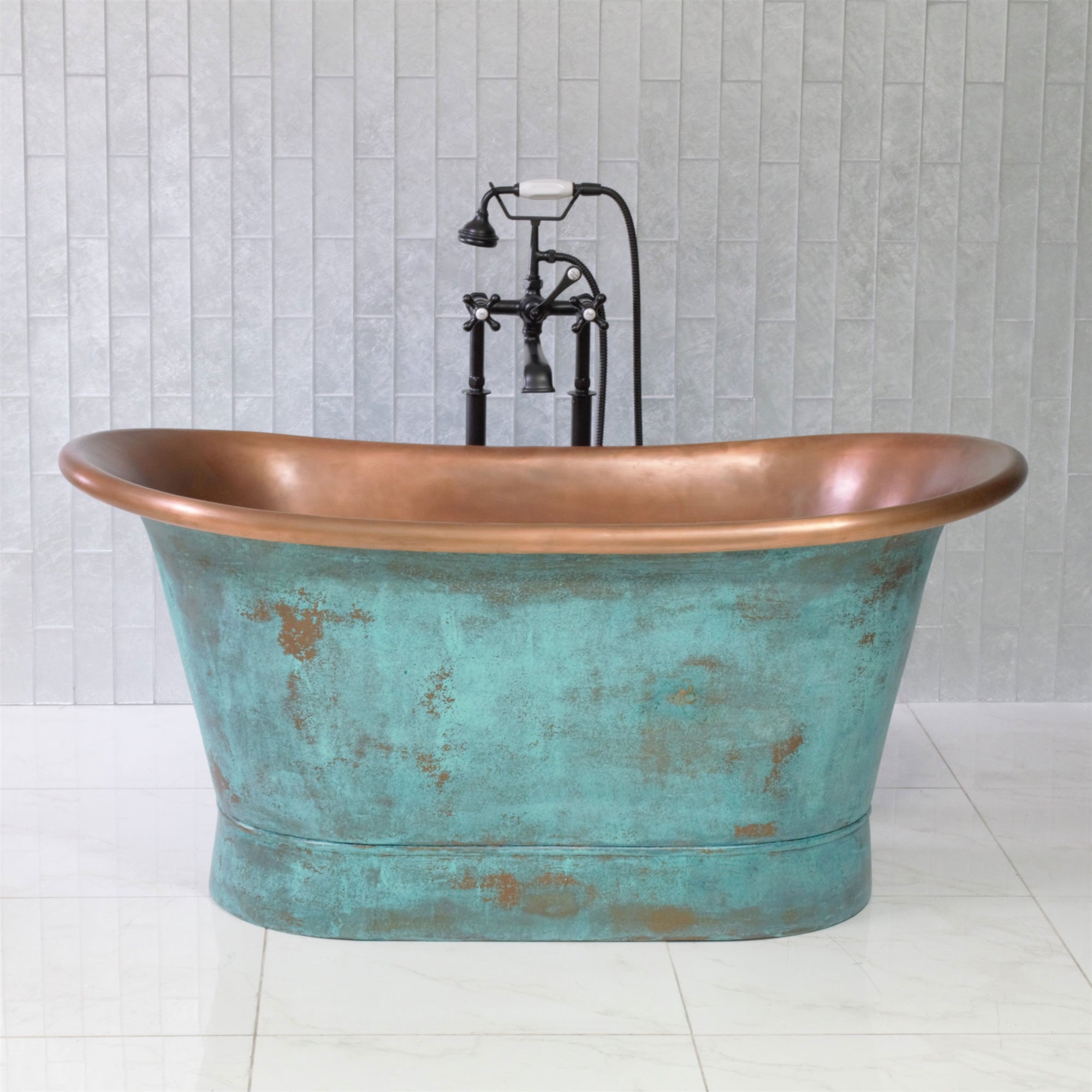 “Cognac73VG Soaking Tub” 73" Freestanding French Bateau Pure Copper Bathtub with Aged Verdigris Exterior