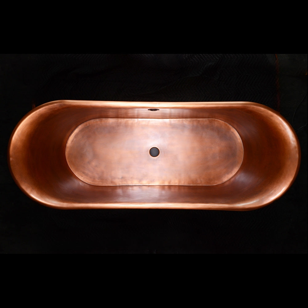 “Cognac73VG Soaking Tub” 73" Freestanding French Bateau Pure Copper Bathtub with Aged Verdigris Exterior