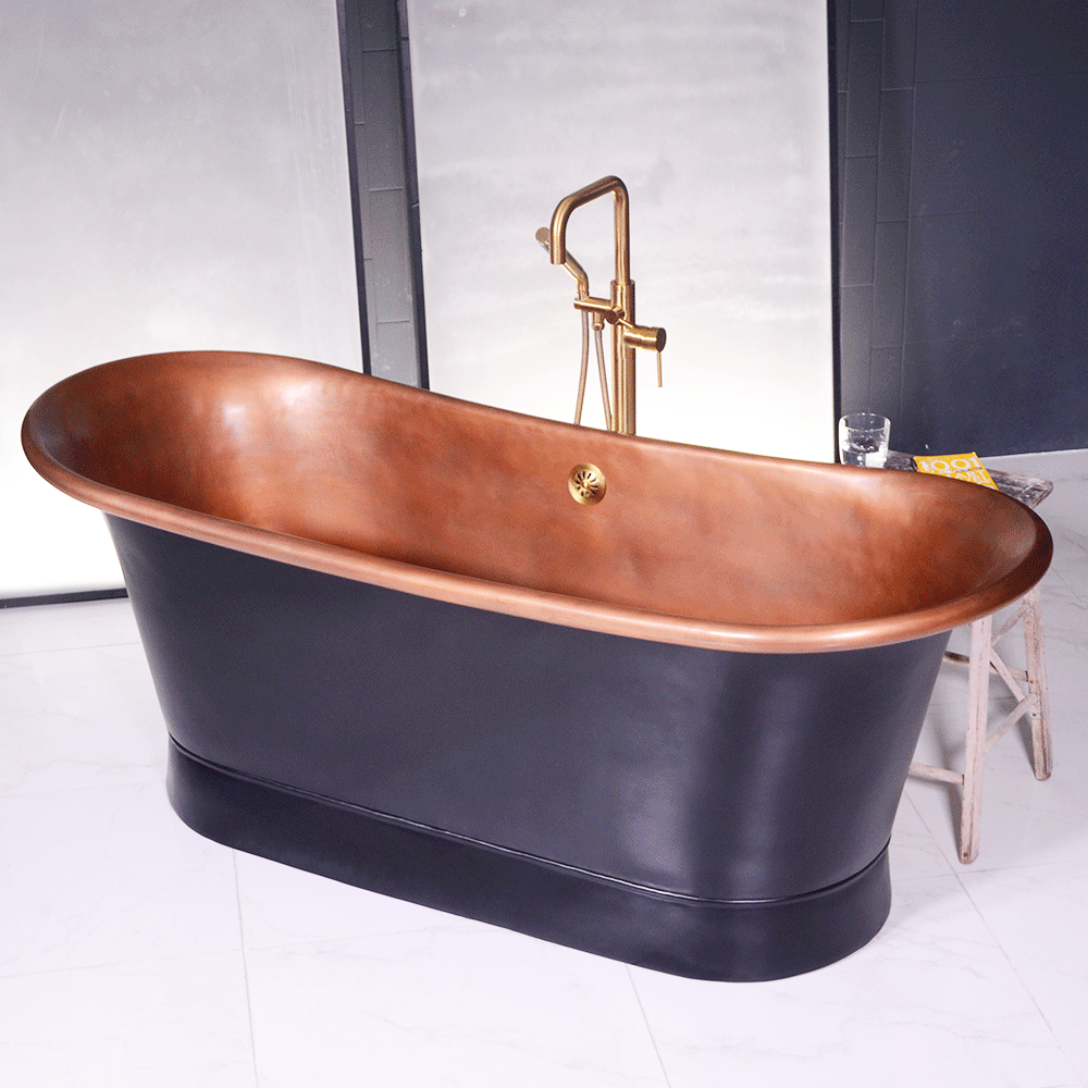 “Cognac73BK Soaking Tub” 73" Freestanding French Bateau Pure Copper Bathtub with Eggshell Black Exterior