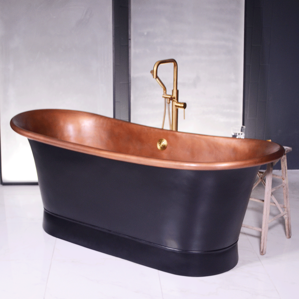 “Cognac73BK Soaking Tub” 73" Freestanding French Bateau Pure Copper Bathtub with Eggshell Black Exterior