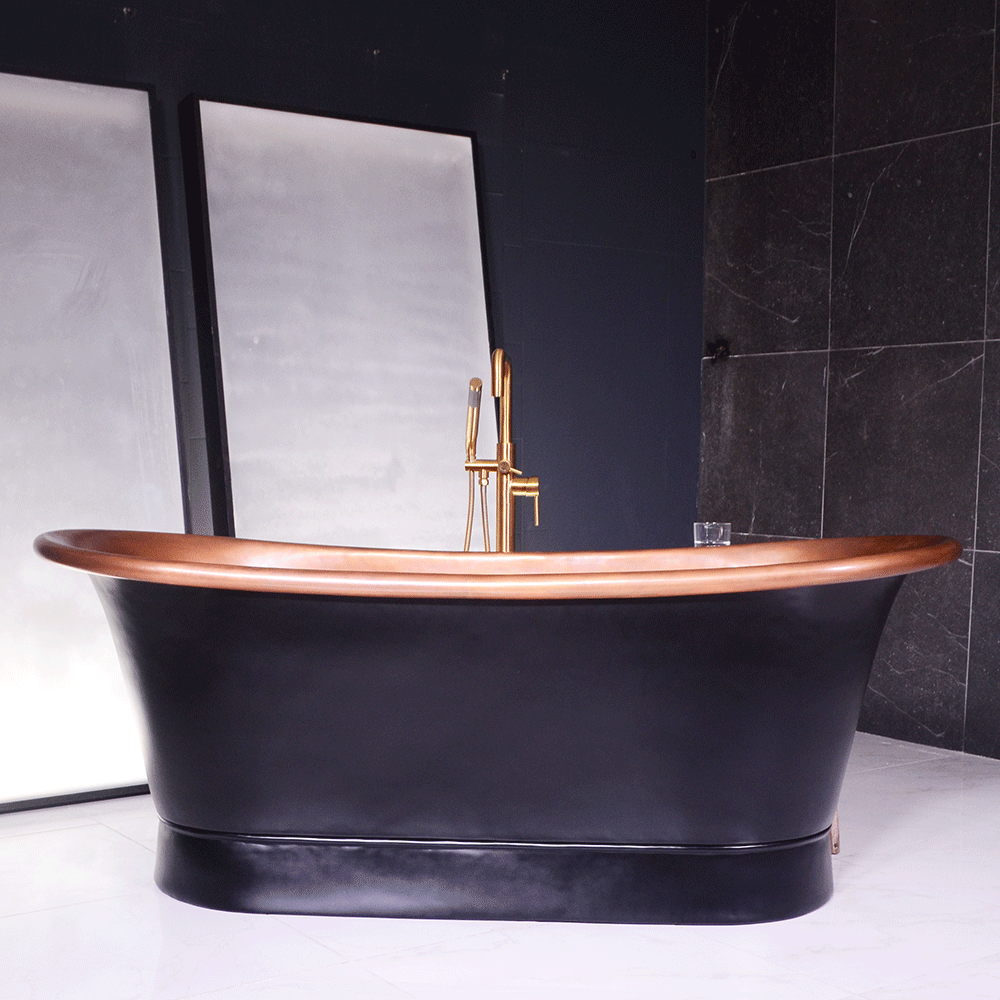 “Cognac73BK Soaking Tub” 73" Freestanding French Bateau Pure Copper Bathtub with Eggshell Black Exterior