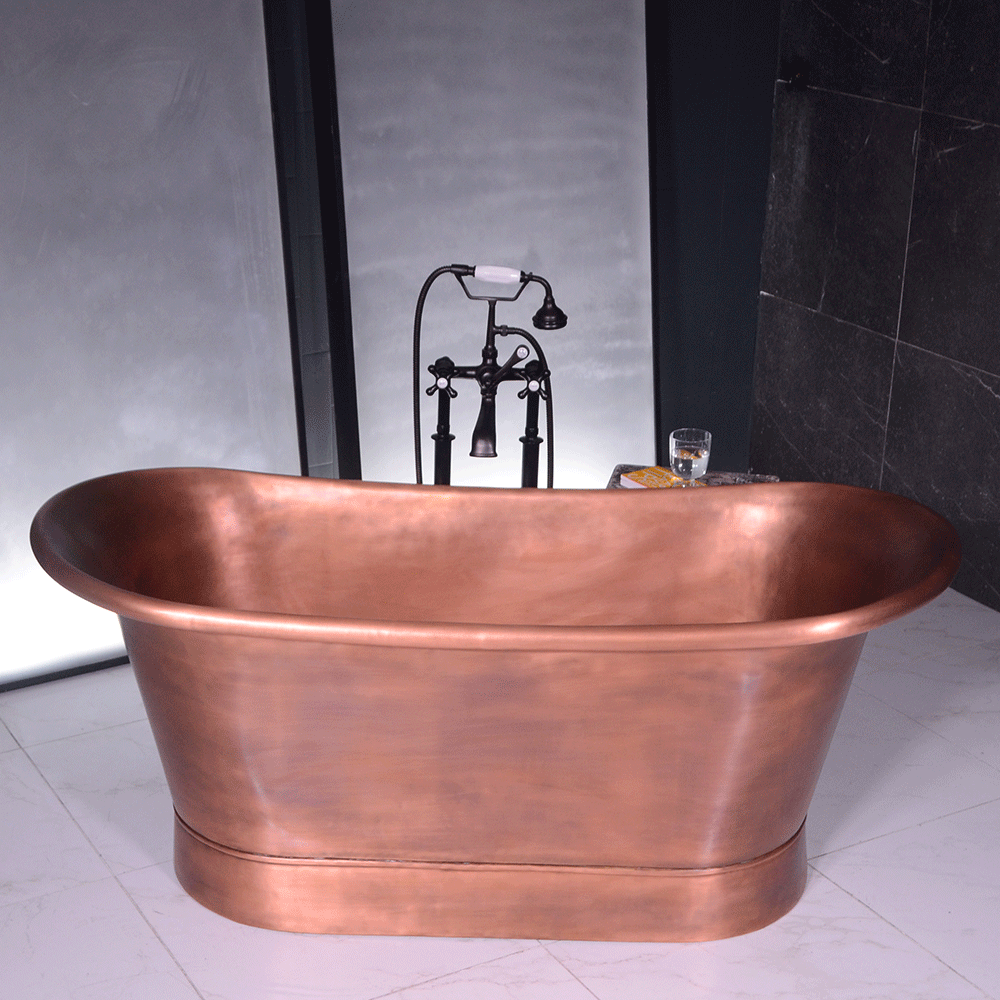 “Cognac73LA Air Jetted” 73" Freestanding French Bateau Pure Copper Bathtub with Light Aged Exterior