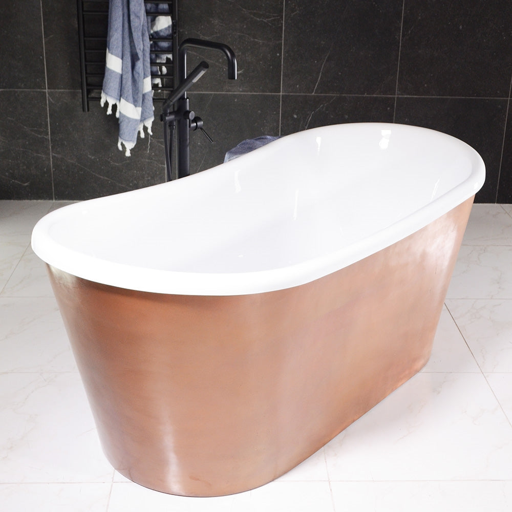 “Toulon73HAAir” 73" x 32.5" Self-Sanitizing Air Jetted French Bateau Tub Hammered Light Aged Solid Copper Exterior