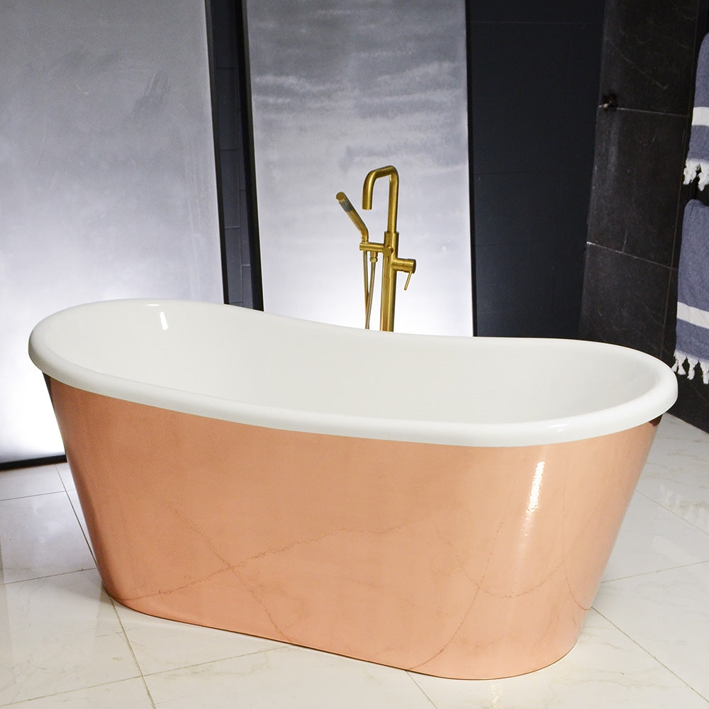 “Toulon73HPCAir” 73" x 32.5" Self-Sanitizing Air Jetted French Bateau Tub Hammered Polished Solid Copper Exterior