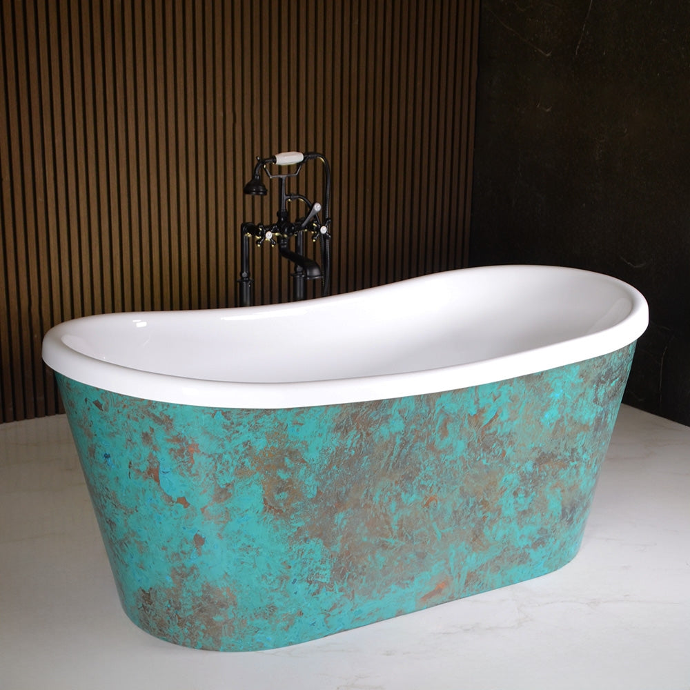 “Toulon73VG Air Jetted” 73" x 32.5" Verdigris Aged Solid Copper Exterior French Bateau Freestanding Tub with Thick CoreAcryl Acrylic Interior