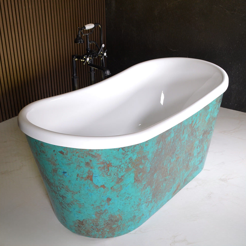“Toulon73VG Air Jetted” 73" x 32.5" Verdigris Aged Solid Copper Exterior French Bateau Freestanding Tub with Thick CoreAcryl Acrylic Interior