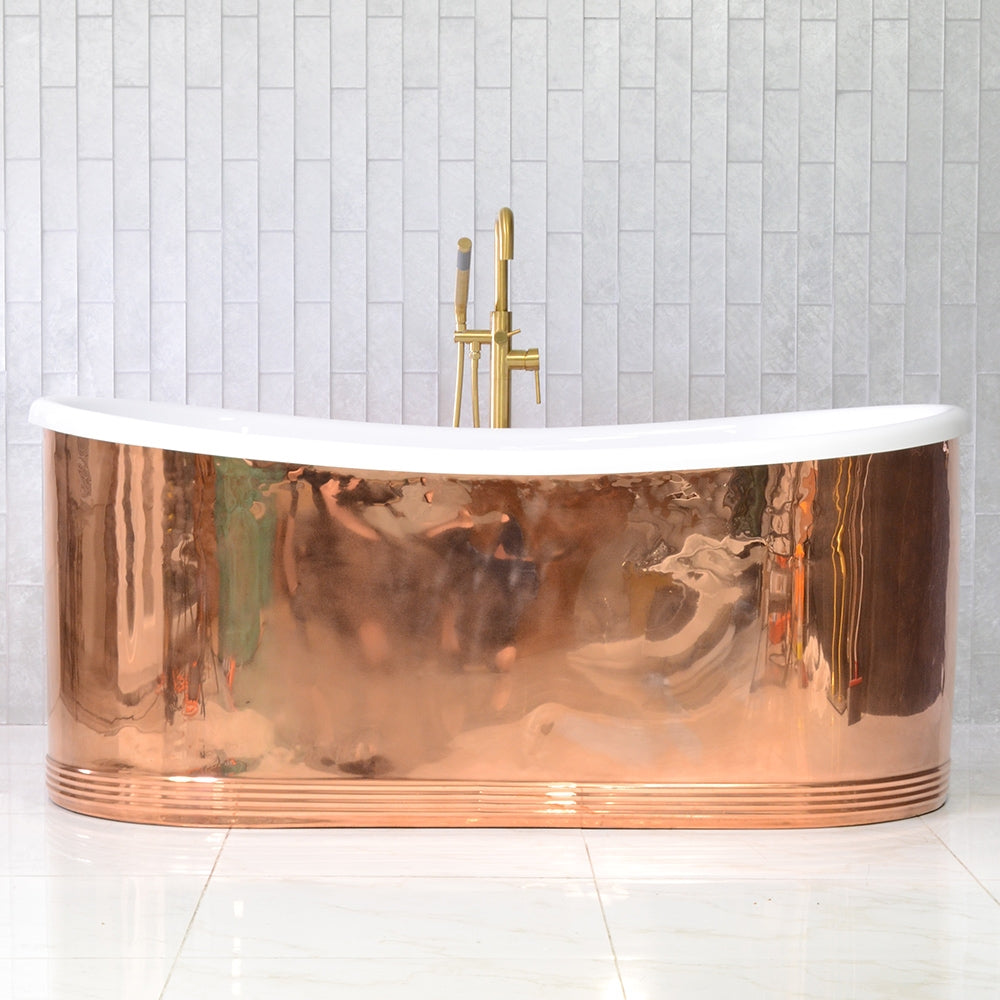 “Biarritz S59POL Hydro Spa Jetted” 59 Inch Mirror Polished Copper Shell French Bateau Bathtub with CoreAcryl Acrylic Interior