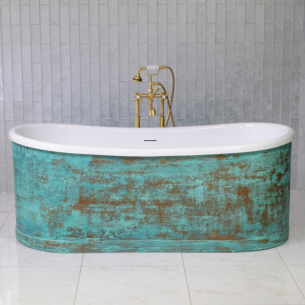 “Biarritz S59VG Hydro Spa Jetted” 59 Inch Verdigris Aged Copper Shell French Bateau Bathtub with CoreAcryl Acrylic Interior