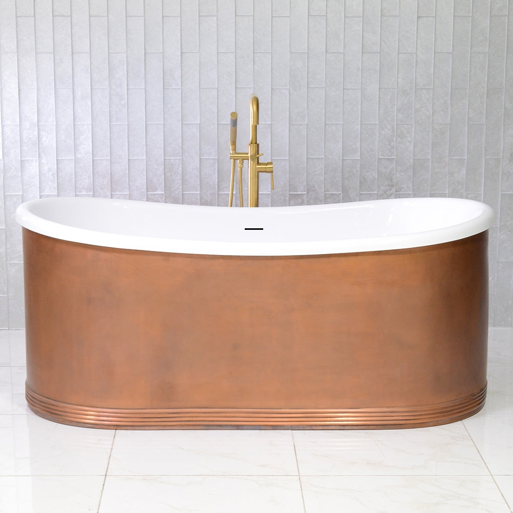 “Marseille W67LA Water Jetted” 67 Inch Lightly Aged Copper Shell French Bateau Bathtub with CoreAcryl Acrylic Interior