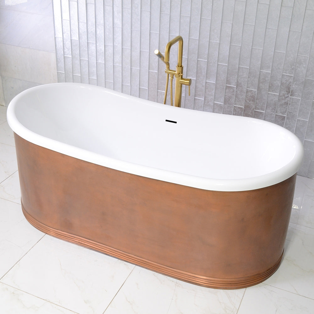 “Marseille W67LA Water Jetted” 67 Inch Lightly Aged Copper Shell French Bateau Bathtub with CoreAcryl Acrylic Interior