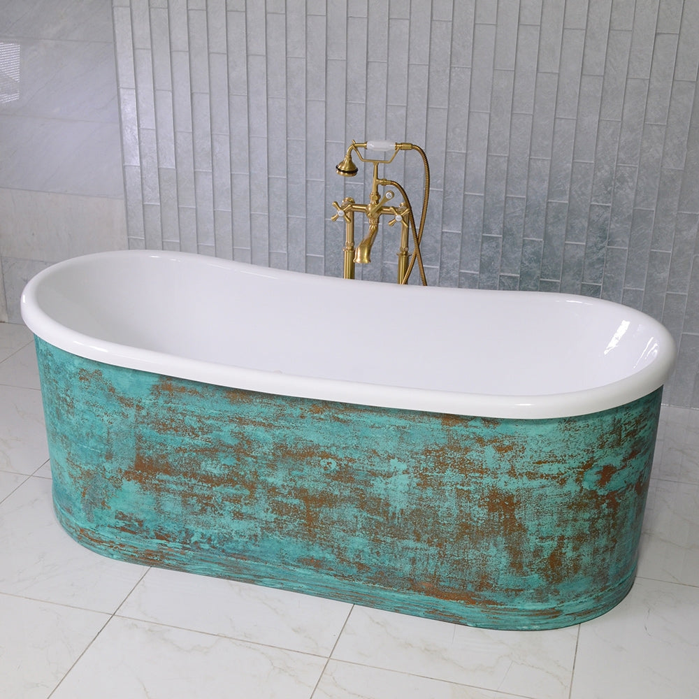 “Marseille W67VG Water Jetted” 67 Inch Verdigris Aged Copper Shell French Bateau Bathtub with CoreAcryl Acrylic Interior