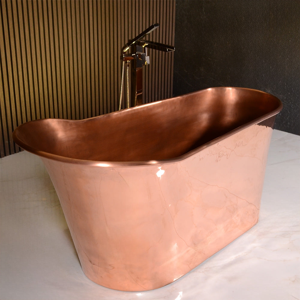 “Wild West 59PC Soaking Tub” 59 inch Freestanding Single Slipper Pedestal Pure Copper Bathtub with Light Aged Interior and Mirror Polished Exterior Finish