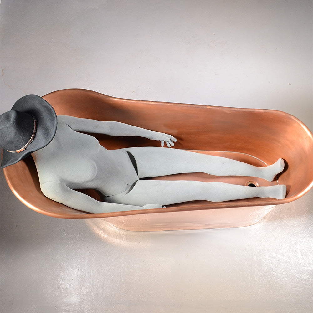 “Wild West 59PC Soaking Tub” 59 inch Freestanding Single Slipper Pedestal Pure Copper Bathtub with Light Aged Interior and Mirror Polished Exterior Finish