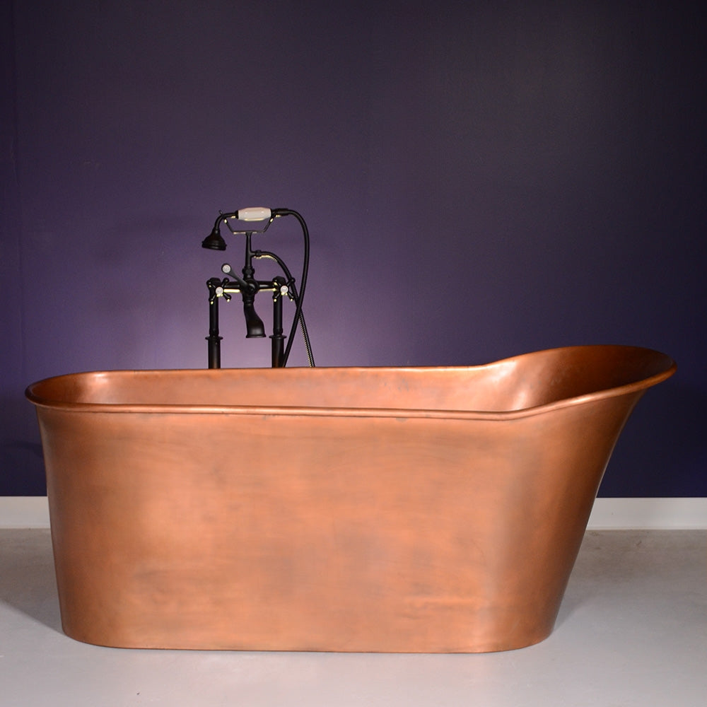 “SanSiro Wild West 67LAAir ” 67 inch “Warmed Air Jetted” Pure Copper Freestanding Single Slipper Pedestal Bathtub with Light Aged Finish