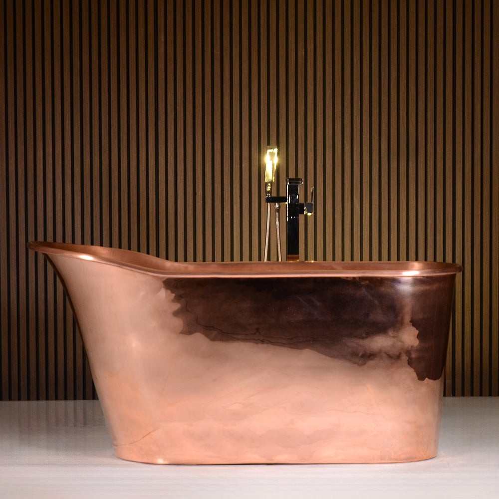 “Wild West 67PCAir Jetted Tub” 67 inch Freestanding Single Slipper Pedestal Pure Copper Bathtub with Mirror Polished Exterior and Light Aged Interior Finish