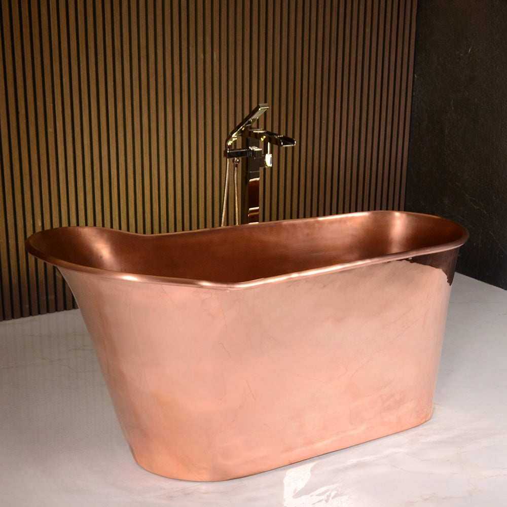 “Wild West 67PC Soaking Tub” 67 inch Freestanding Single Slipper Pedestal Pure Copper Bathtub with Light Aged Interior and Mirror Polished Exterior Finish